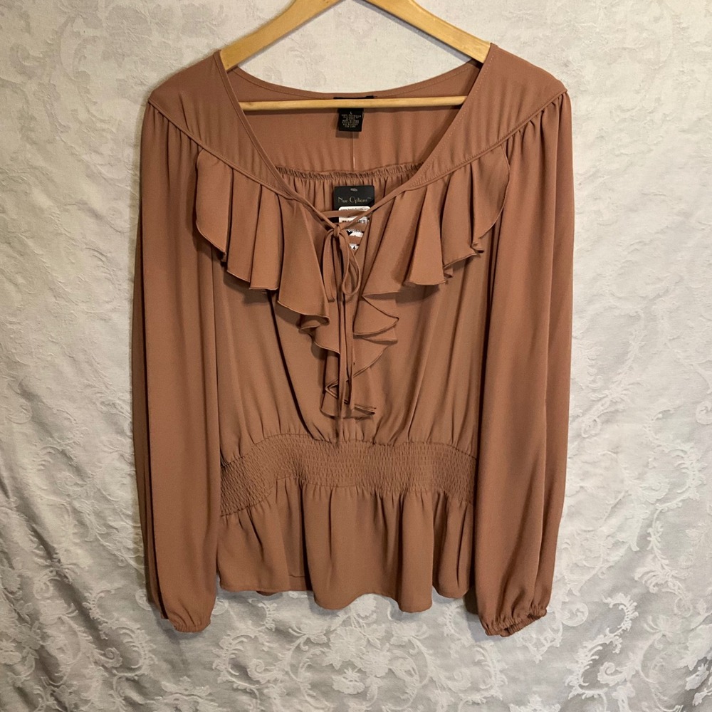 Nue Options Womens Long Sleeve Peplum Blouse Brown Lattice Neck Smocked Waist L